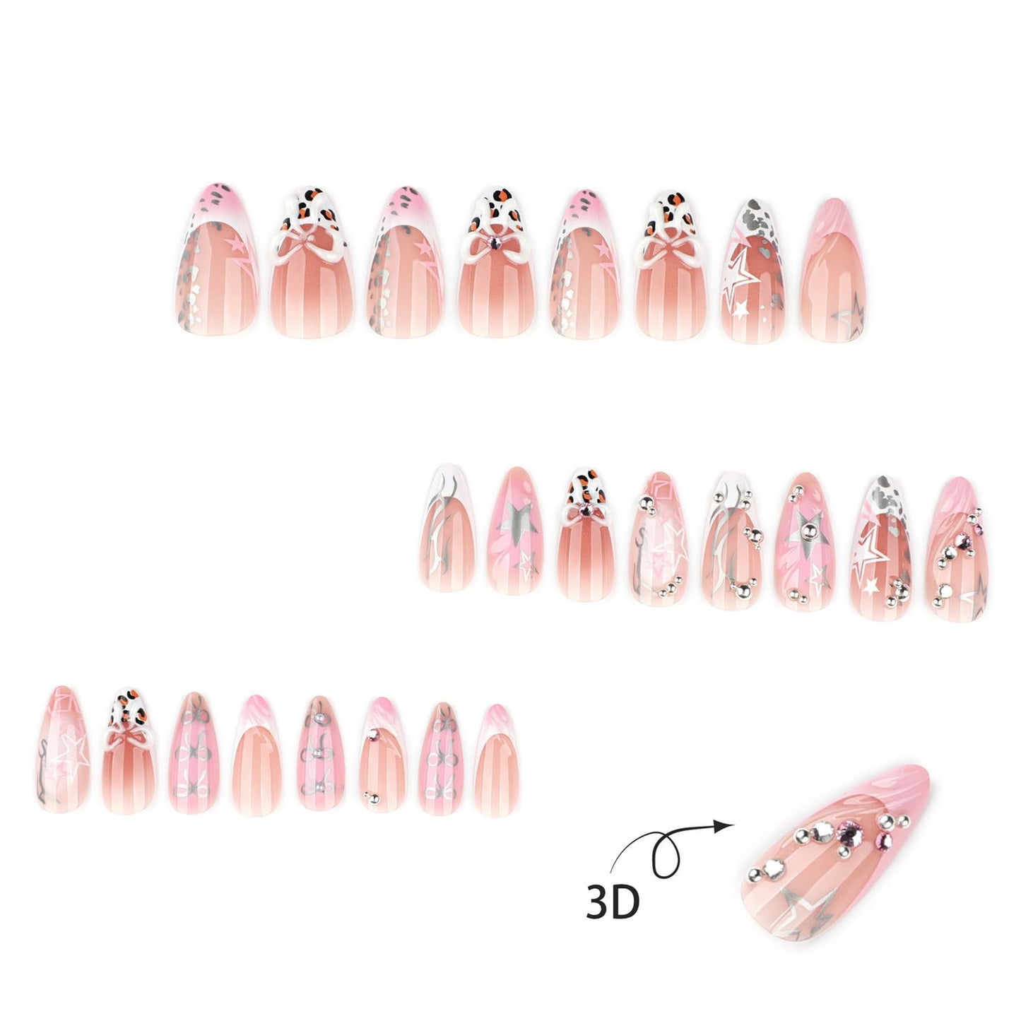24Pcs Leopard Print French Tip Press on Nails Short Almond Fake Nails with 3D Rhinestone Design Star Bow False Nails Nude Glossy Full Cover Y2K Stars Bow-Knot Artificial Stick on Nails for Women