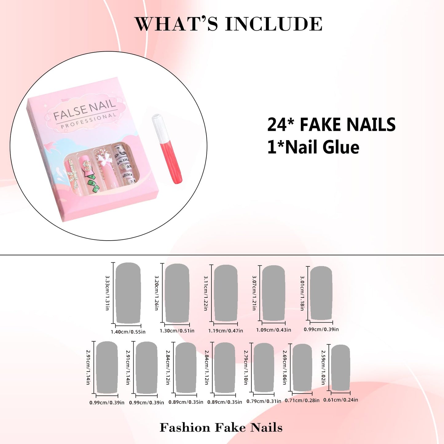 IMRAIN Long Square Press on Nails Pink French Tip Fake Nails with Designs Gold Charms & Rhinestone False Nails Glossy Glue on Nails Artificial Extra Long Nail Supplies 24Pcs
