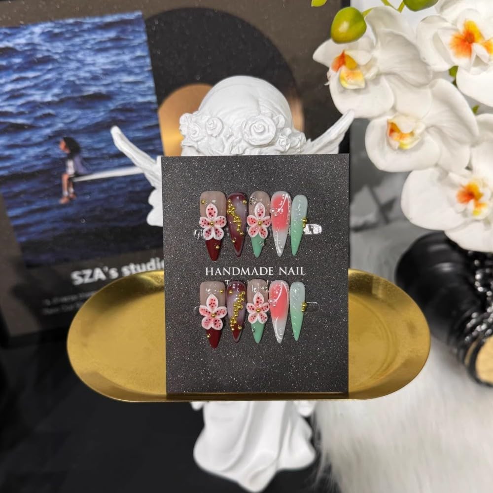 Vokupoga Long Stiletto Handmade Press on Nails French Tip Fake Nails Nude False Nails with 3D Flower Charms Designs Glossy Artificial Nails for Women 10Pcs(Size M)