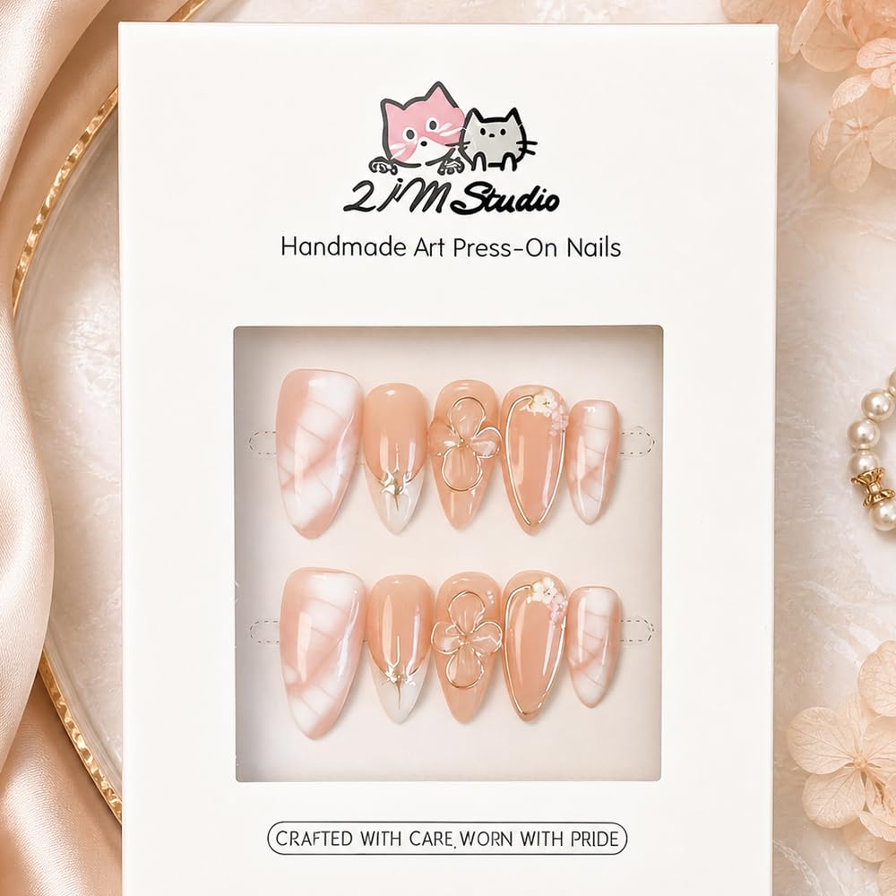 2IM Studio Handmade Press On Nails – 10 Piece Soft Gel Nail Kit with Glue & Tool Set, Reusable Artisan Nails, Salon-Quality Finish (Ivory Shell-S)