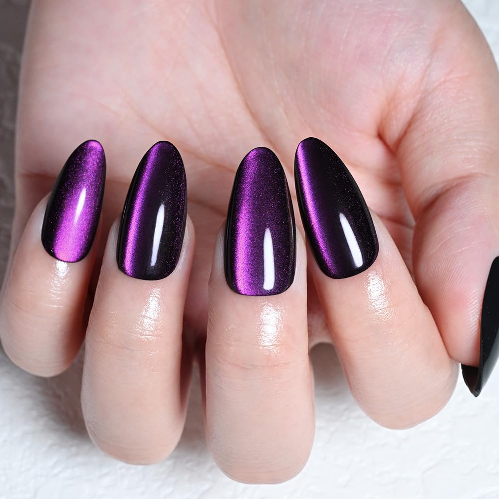 XZMeiLun Cat Eye Purple Press On Nails Almond Medium, Magnetic Acrylic Fake Nails Stylish Design, Salon-Quality Shiny Finish, Reusable Stick On Nails Kit for Women, Daily Wear (No Glue Included)
