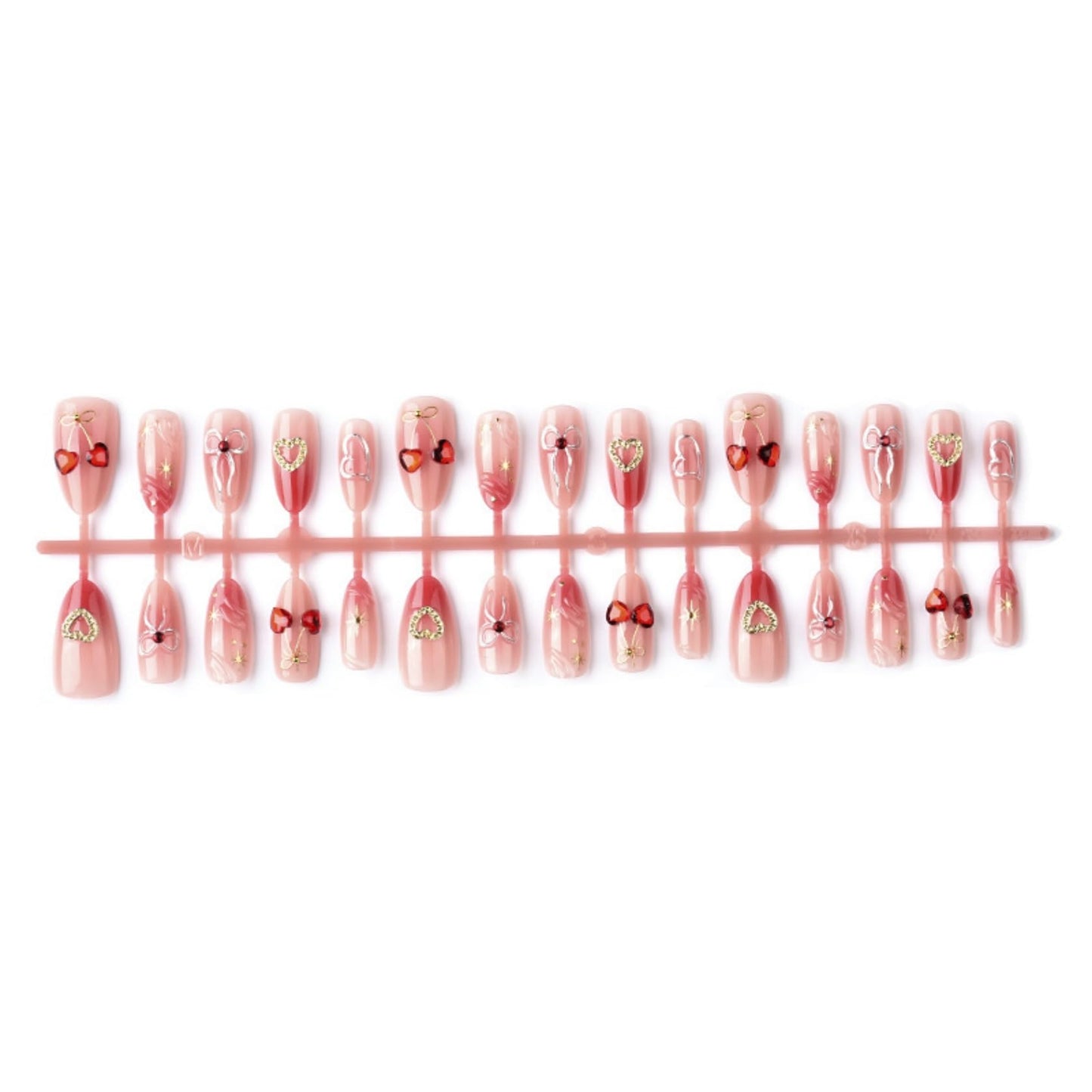 Medium Almond Press on Nails for Women, Fake Nails with Heart & Gold Bow Artificial Stick on Nails
