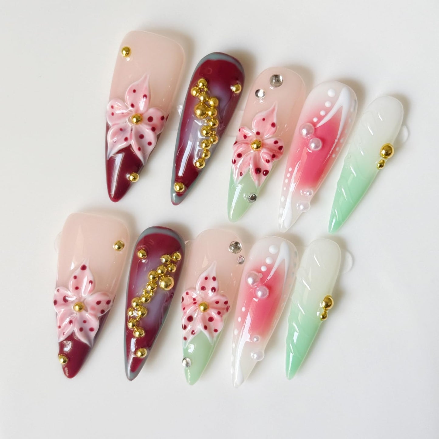 Haozerart Handmade Long Almond Press On Nails Set, Luxury 3D Floral Golden Pearl Design, Reusable Glue On Fake Nails, Salon Grade Artificial Nails for Women Girls, 10Pcs Medium Size