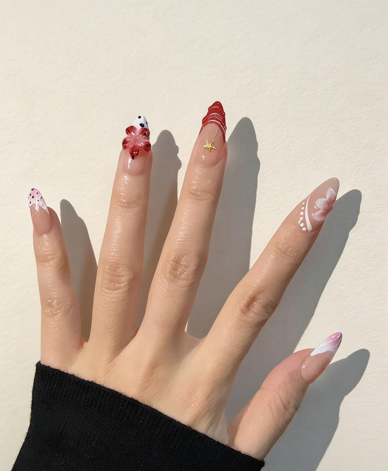 10 Almond Handmade Press - On Nails | 3D Floral, Starfish & Polka Dot Design, Pink & Red Accents | Skip Salon Trips,Reusable & Easy to Apply (25910, XS)