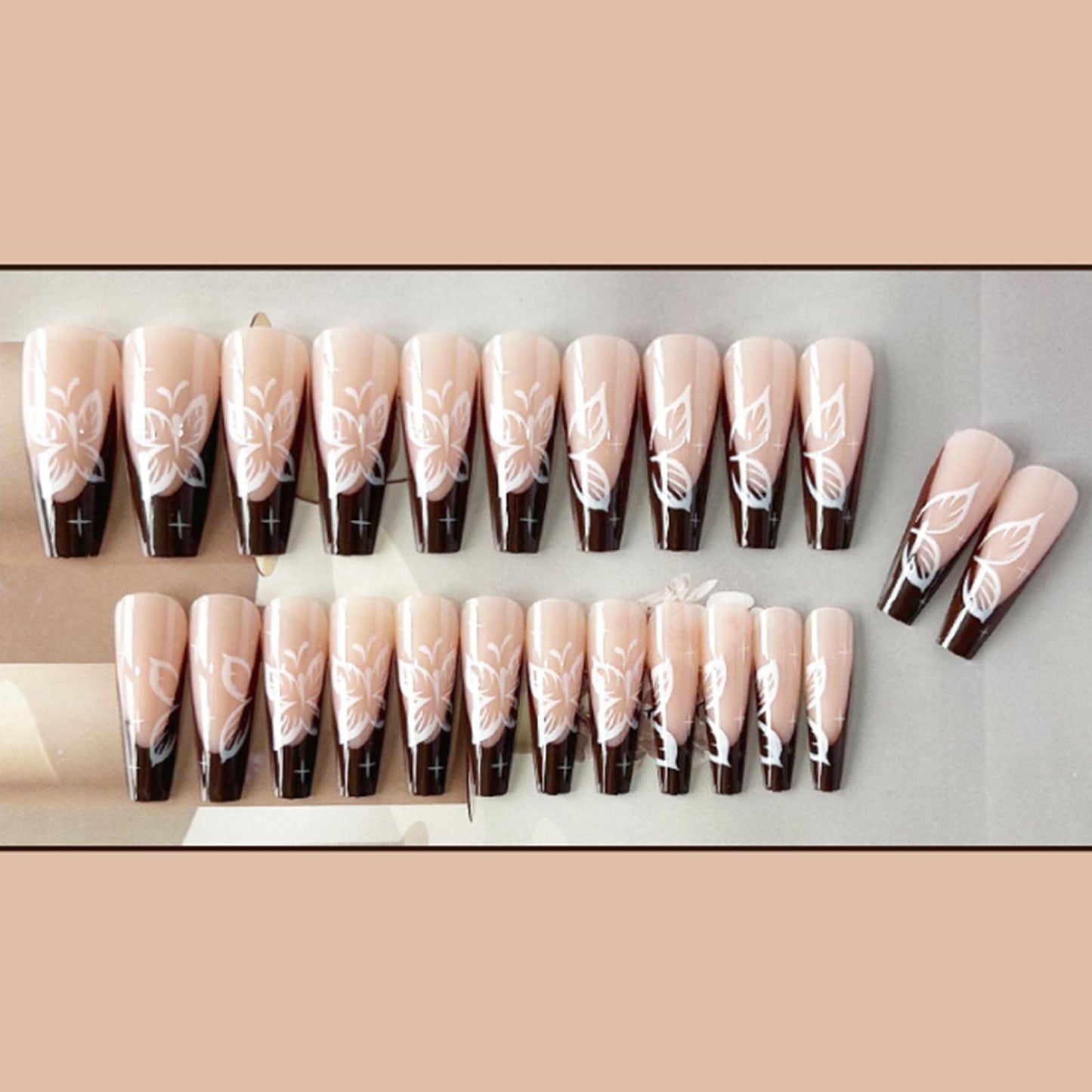 YoYoee Brown French Press on Nails Long Coffin False Nails Bling Fake Nails Full Cover Butterfly Nails Tips for Women and Girls 24PCS