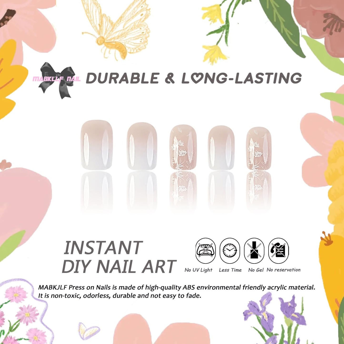 MABKJL French Fake Nails - White Gradient Square Full Cover White Floral Designs Glossy Glue on Acrylic Artificial Nails for Women Girls - 24Pcs