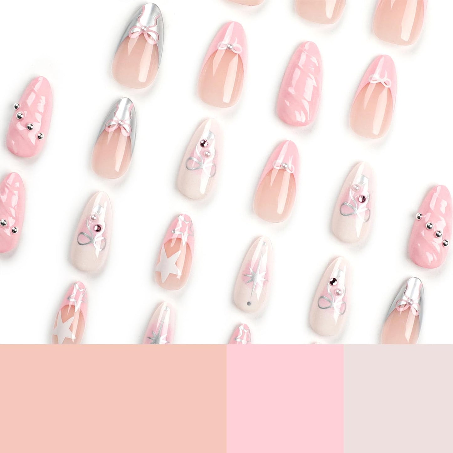 24Pcs French Tip Nails Medium Almond Fake Nails Tips Cute Bow Rhinestones Glitter Designs 3D Pink False Nails Silver Star Stick on Nail Full Cover Glue on Artificial Nail for Women Manicure