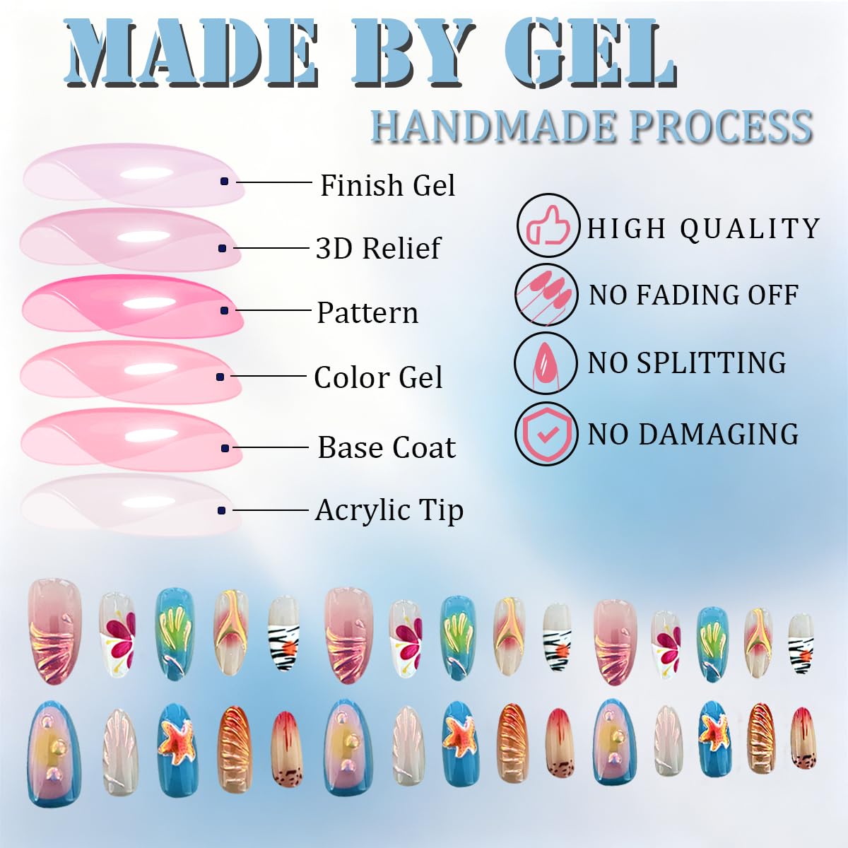 3D Press On Nails Almond Medium French Fake Nails with Cat's Eye Embossed Starfish Pearl Lines Summer Beach Designs, Acrylic Artificial Nail Press ons False Stick On Nails for Women Girls 30Pcs