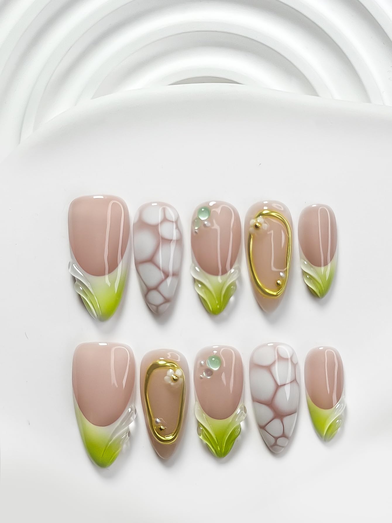 Curatique Handmade Press on Nails - Artificial Acrylic Nails Blue French Tips Stick on Nails 3D Pearl Fake Fingernail Summer False Nails for Women Manicure 10 Pcs (Glass Leaf, M, Short squeare)