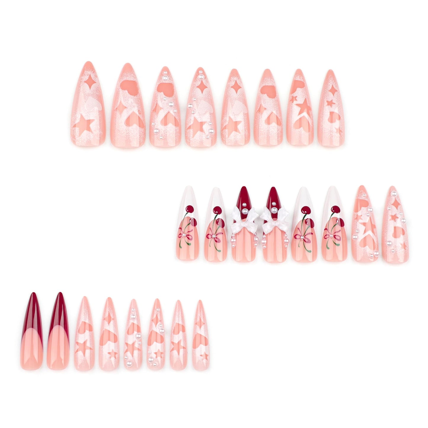 Long Press Stiletto Pink False French Tip Acrylic Nails with 3D Bow Cherry Design Glue on Heart Star Full Cover Stick on Nails for Women Manicure 24Pcs
