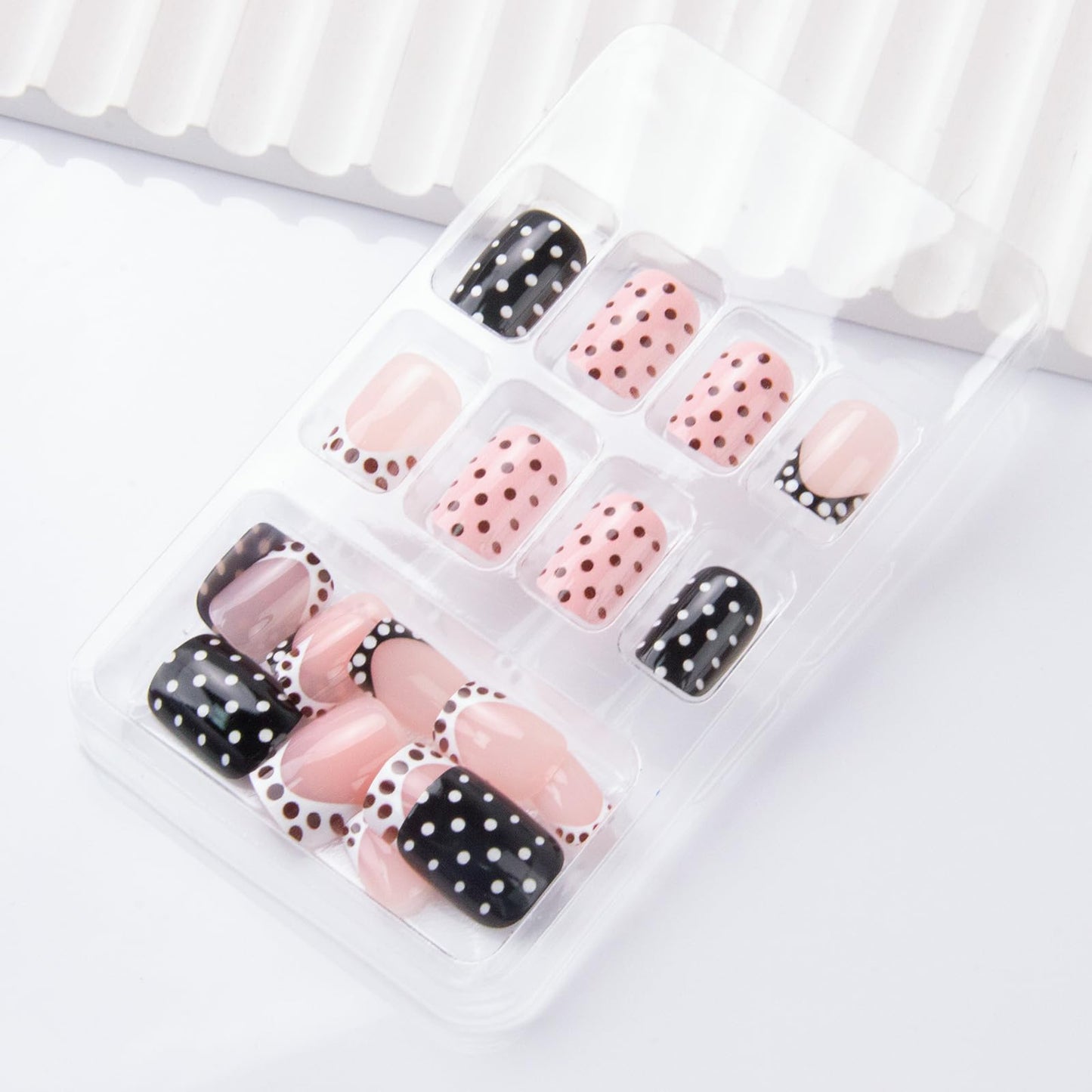 Polka Dot Press on Nails Short Square Fake Nails French Tip False Nails Cute Polka French Acrylic Nail Glossy Full Cover Glue Stick on Nail for Women Manicure 24Pcs