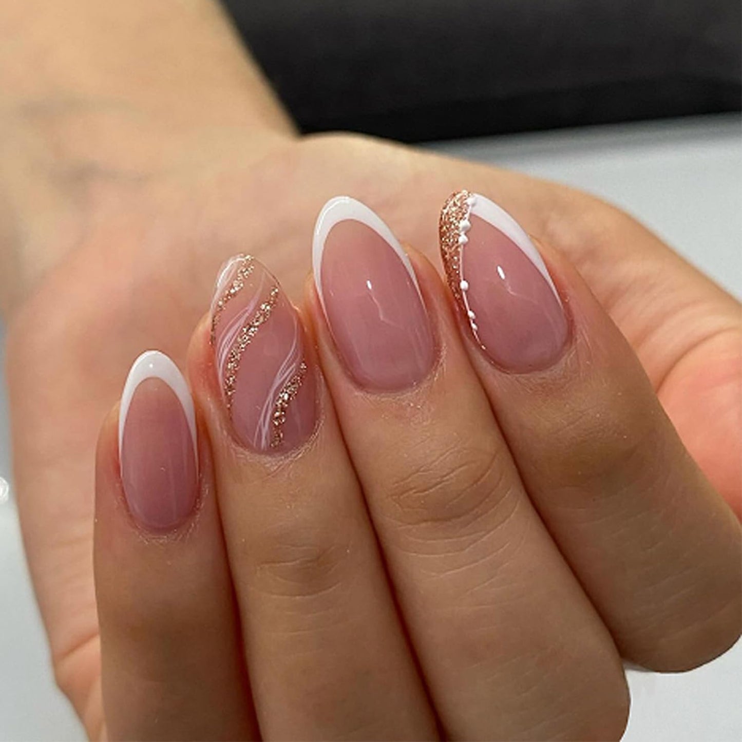 Taoyisent French Tip Press On Nails with Glitter Accent, Peach Pink Almond Fake Nails, Elegant Nude White False Nails, Press On Nail Kit for Women, 24PCS