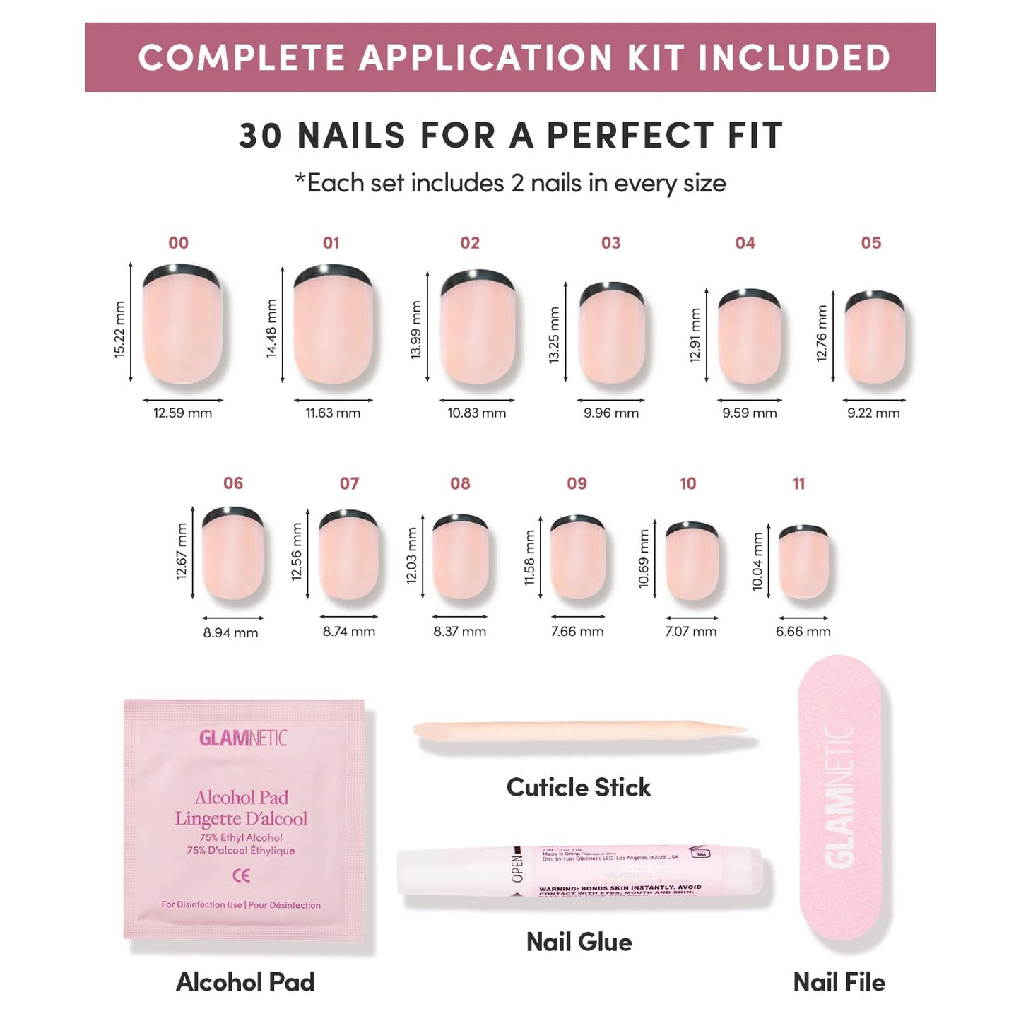Glamnetic Press-On Nails Bundle - Burnt Miso & Caviar | Super Short Glazed Black French Tips | Short Almond Glossy Black French Tip Fake Nails | Durable, Salon-Quality Nail Kits