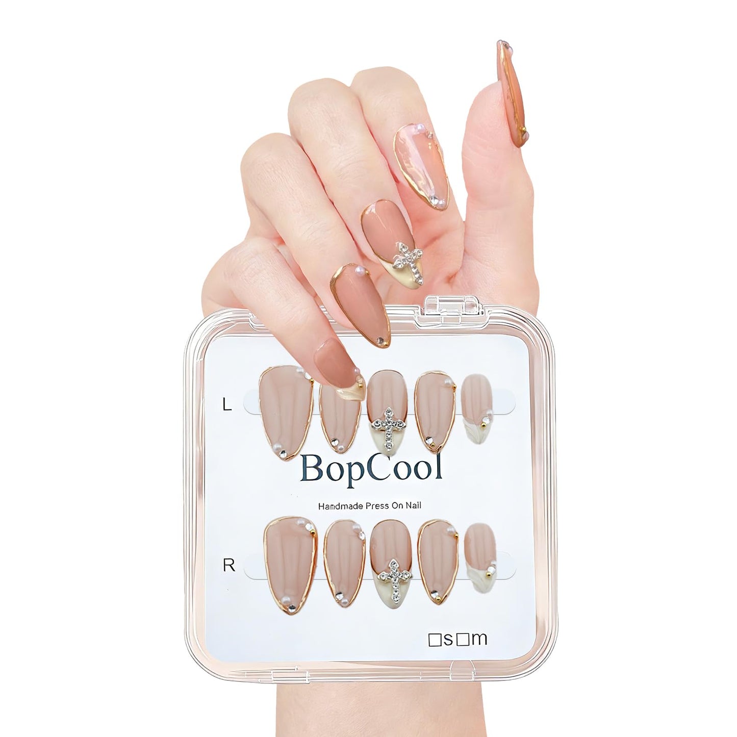 Luxury Handmade false nails，3D Gold French Cross Press-On Nails – Medium Almond Shape False Nails with Rhinestone Embellishments, Elegant Reusable Stick-On Nails(10PCS-M)
