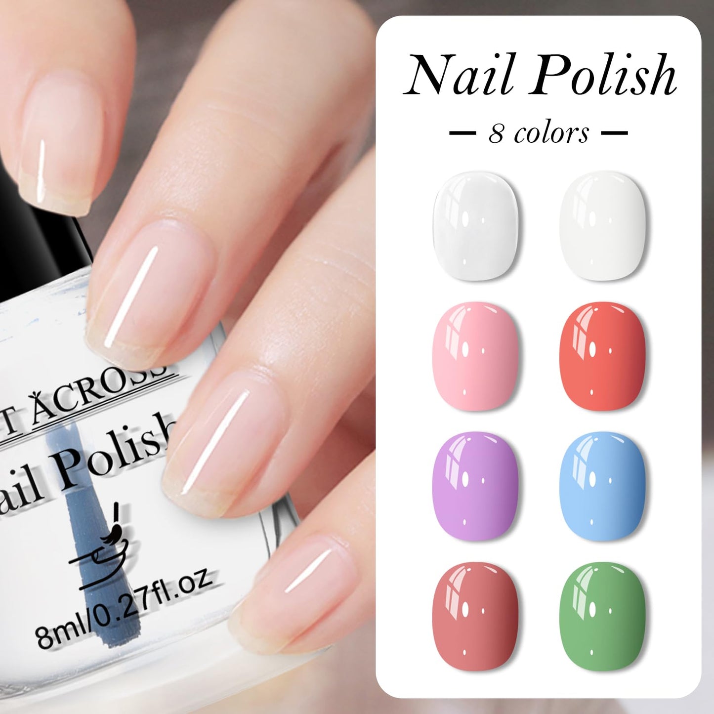 MEET ACROSS 8 Bright Colors Nail Polish Set, Macaron Purple Pink Red Blue White Quick Dry Finger Manicure Kit Sheer Neutral Nude Pink Green DIY Nail Art Home Salon Gifts for Women Girls