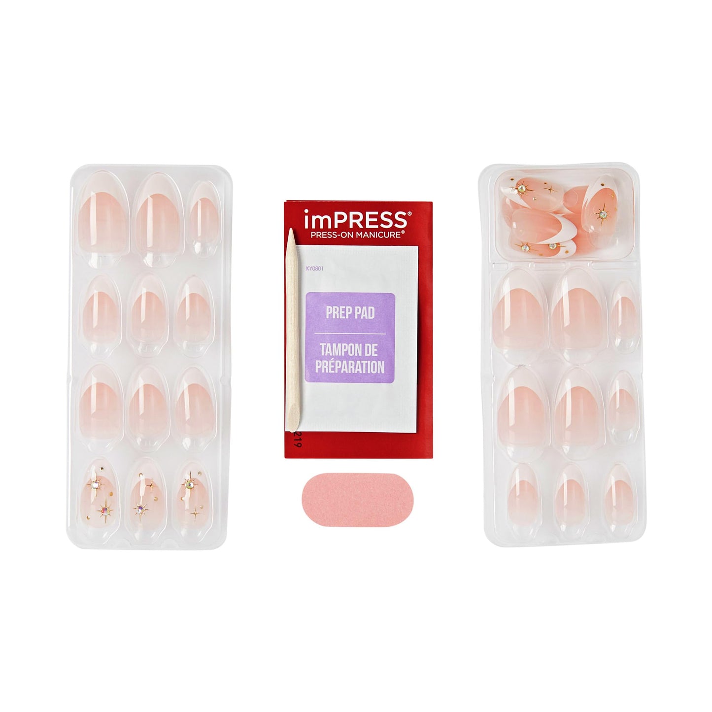 KISS imPRESS No Glue Mani Press On Nails, Design, 'Star player', White, Medium Size, Almond Shape, Includes 30 Nails, Prep Pad, Instructions Sheet, 1 Manicure Stick, 1 Mini File (Pack of 2)