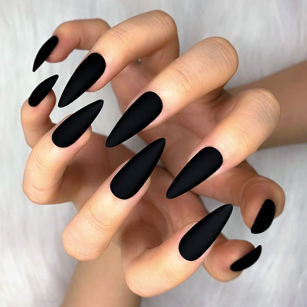 Morily Press-On Nails Bundle | Black Stiletto Matte & Hot Pink Stiletto Glossy | 24Pcs Each Set, Medium Length Long False Fake Nails