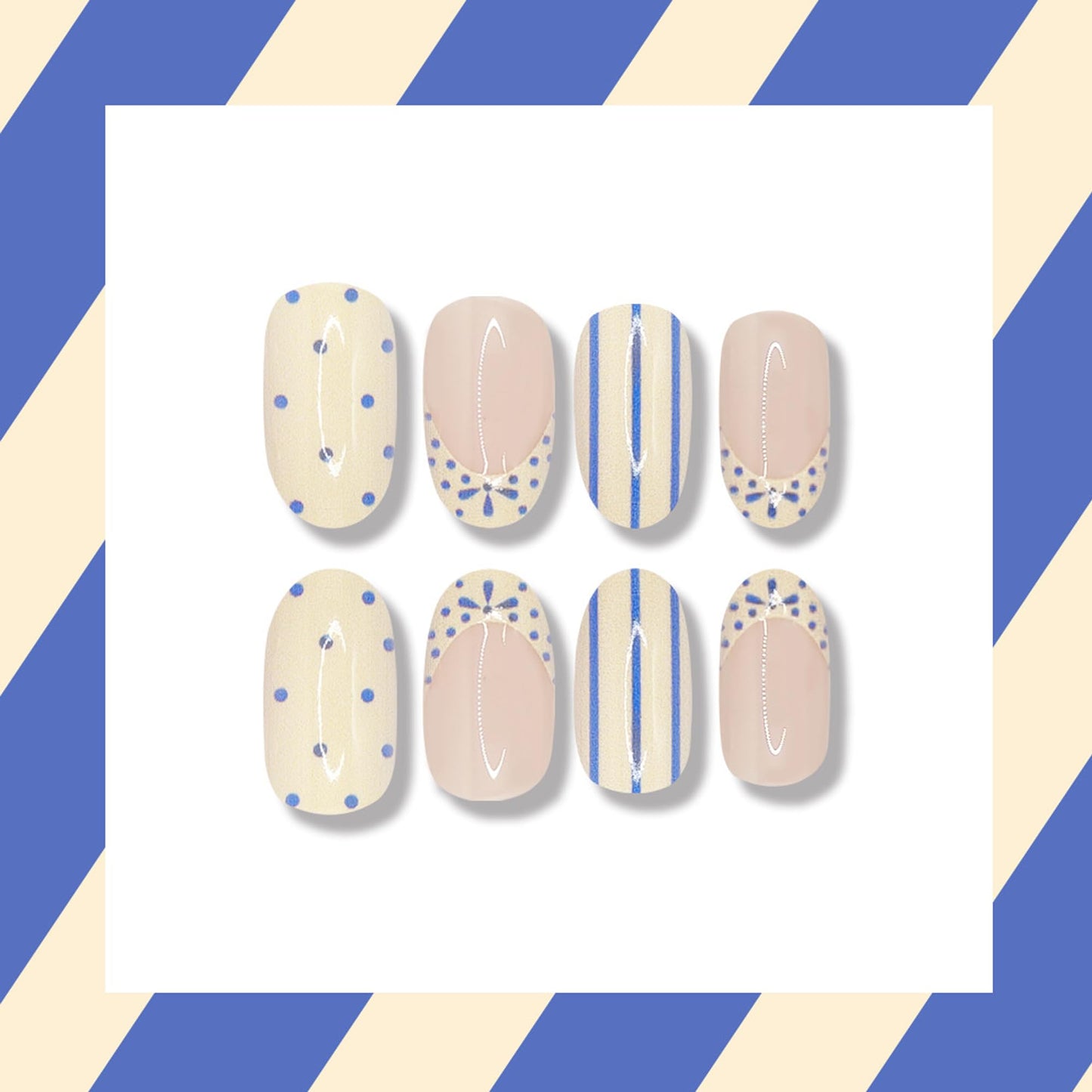 Blue white Press on Nails Short Almond Fake Nails French Tip False Nails with Stripe & Polka Dot Design Glossy Reusable Artificial Acrylic Glue on Nails Full Press Ons for Women Manicure Decor 24Pcs
