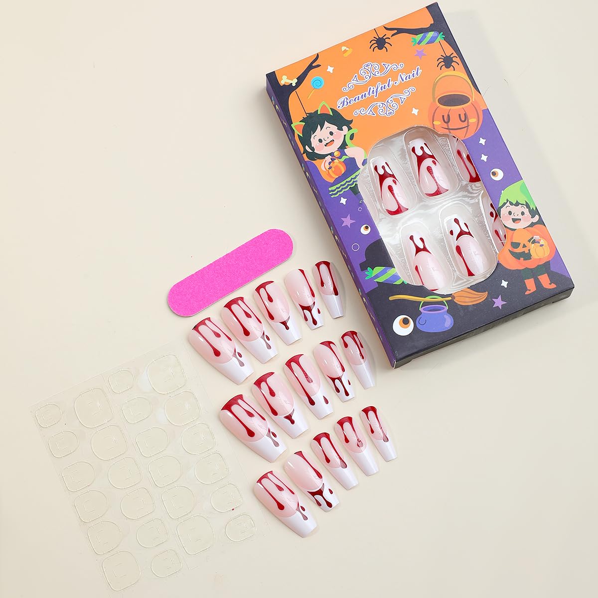 Halloween Press on Nails Long Square Fake Nails with Design Red Blood Drops Glue on Nails White French Tip False Nail Full Cover Coffin Nail Press Ons Acrylic Stick on Nail for Women 24Pcs
