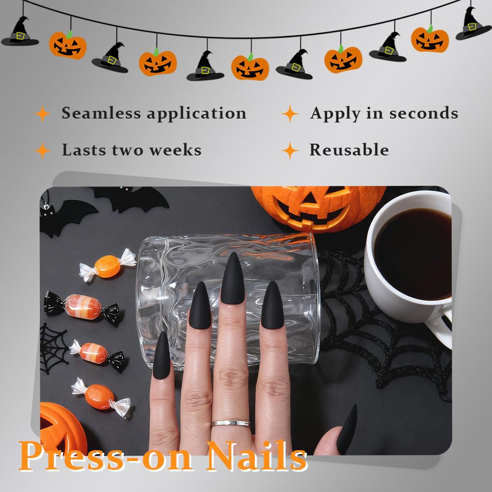 XZMeiLun Halloween Press On Nails Medium Long Matte Stiletto Almond, Acrylic Press On Nails, Ghost Designer Reusable Fake Nails, Artificial Nail Hallows' Day, Glue On Nail Press Ons for Women