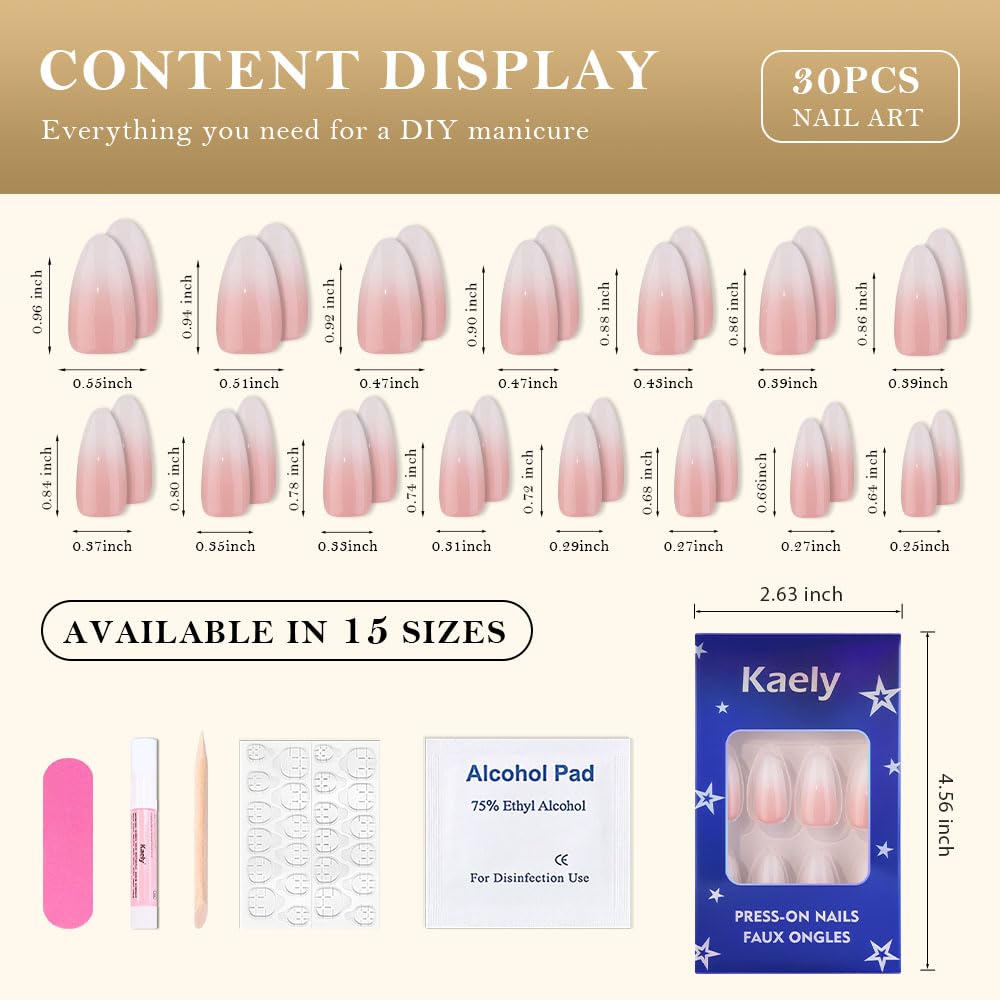 Ombre Pink to White Press on Nails Medium Almond, Medium Almond Glossy Stick on Nails Press on for Women with Manicure Kit, Reusable Acrylic Soft Gel Stick on Fake Nail with Ombre Design Perfectly Fit
