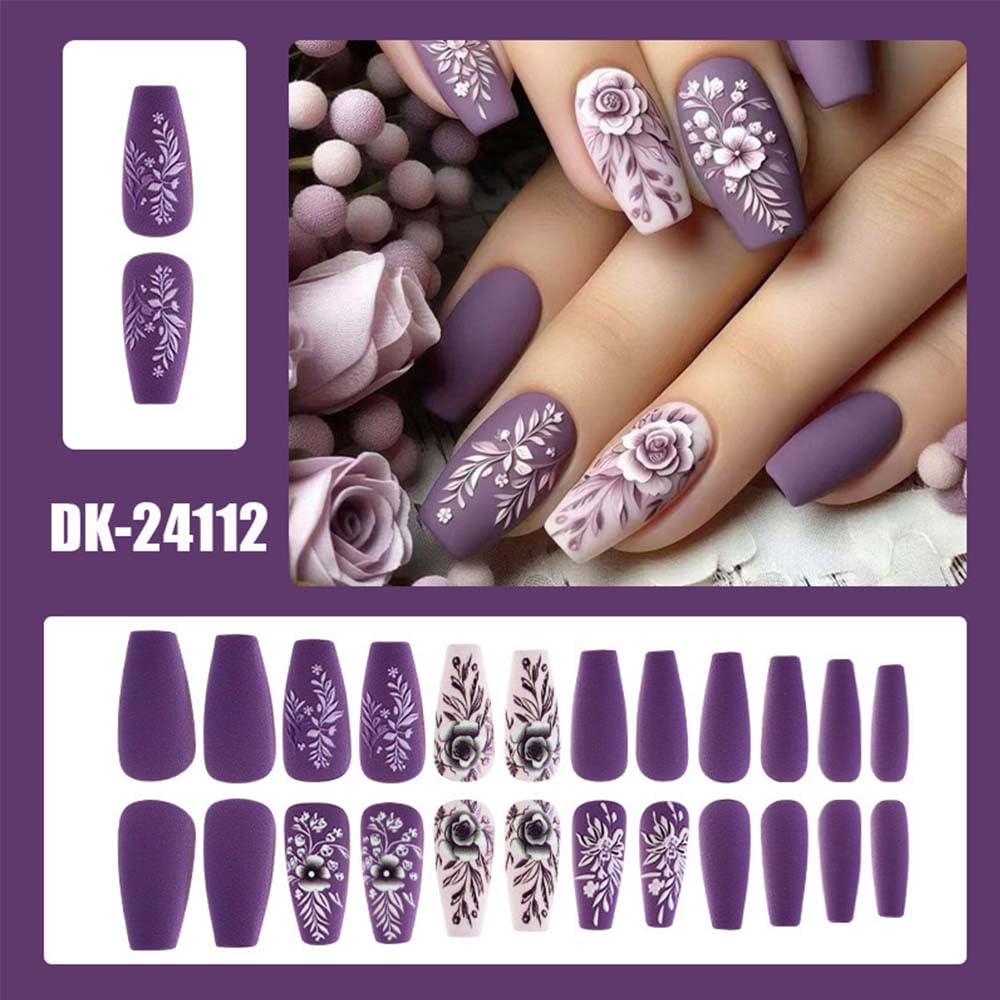 Medium Press On Nails Coffin Fake Nails Flower With Leaf Design Purple False Nails Full Cover Artificial Glue On Nail Full Cover Matte Acrylic Stick On Nail For Women Spring Nails 24pcs