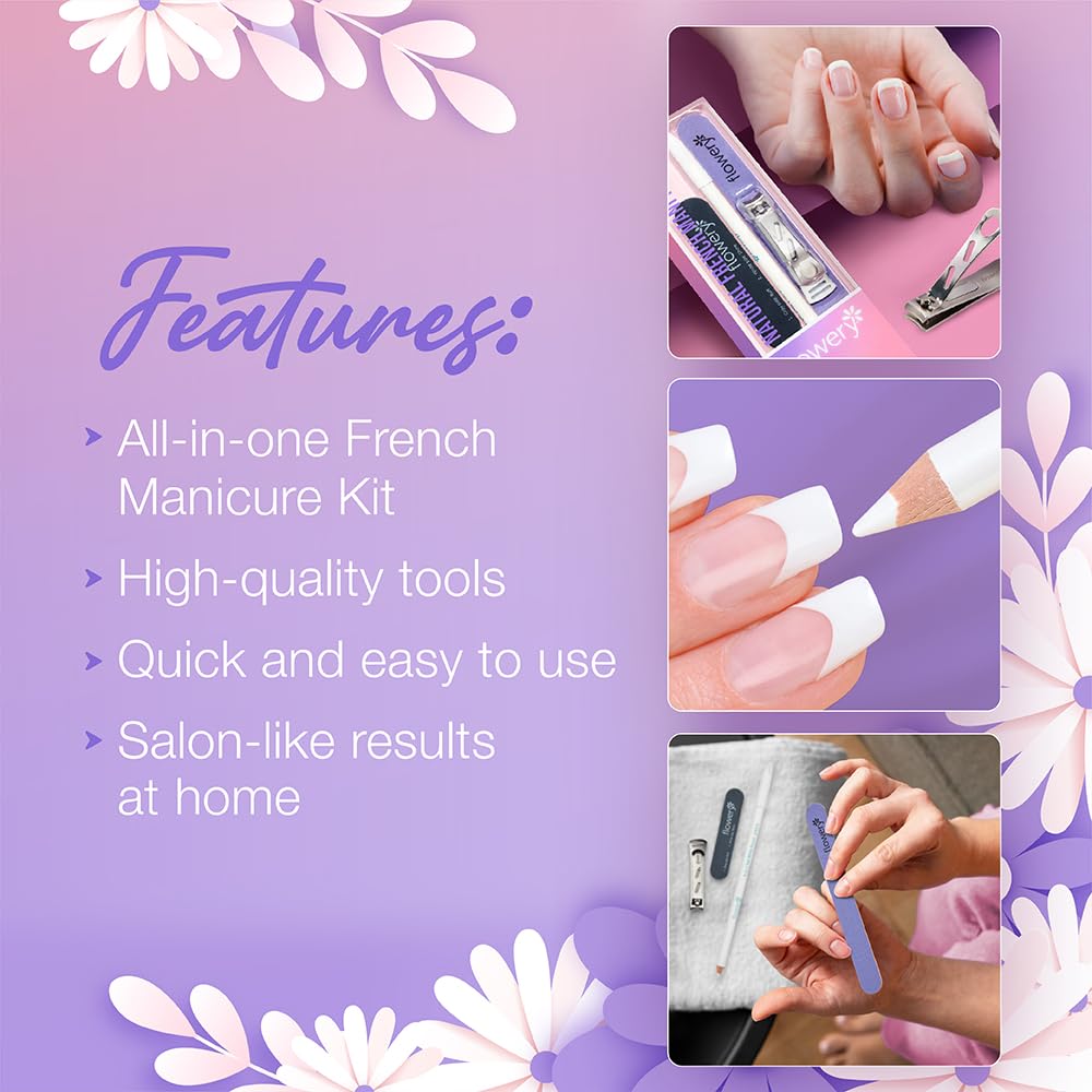 Flowery Natural French Manicure Kit – with Nail Clipper, File, Buff & Shine Block, White Pencil – DIY Home Nail Care Kit for Women and Men