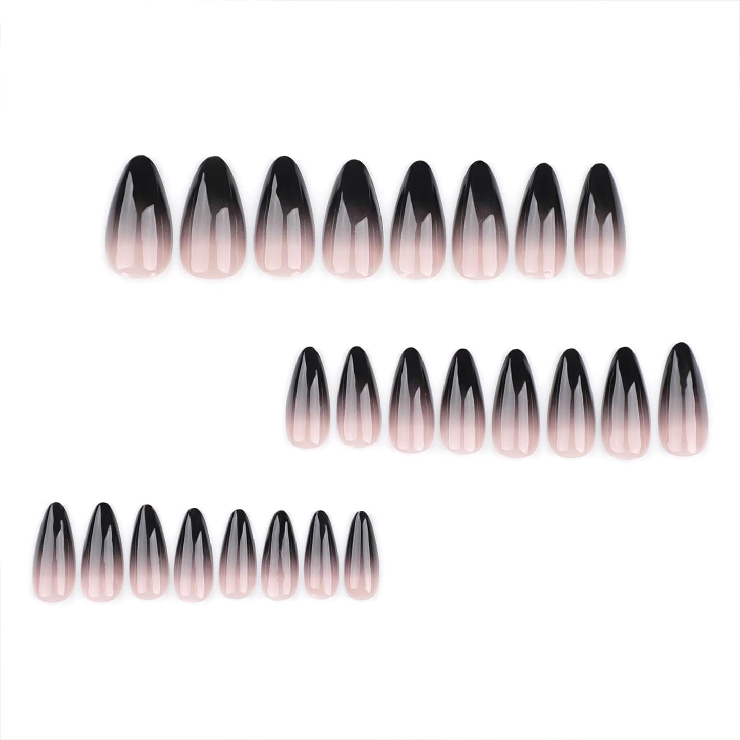 FJSMTOPl Black Press on Nails Almond Fake Nails Press ons Medium False Nails with Designs Ombre Black Acrylic Glue on Nails Halloween Stick on Nails for Women Nail Art Decoration 24Pcs