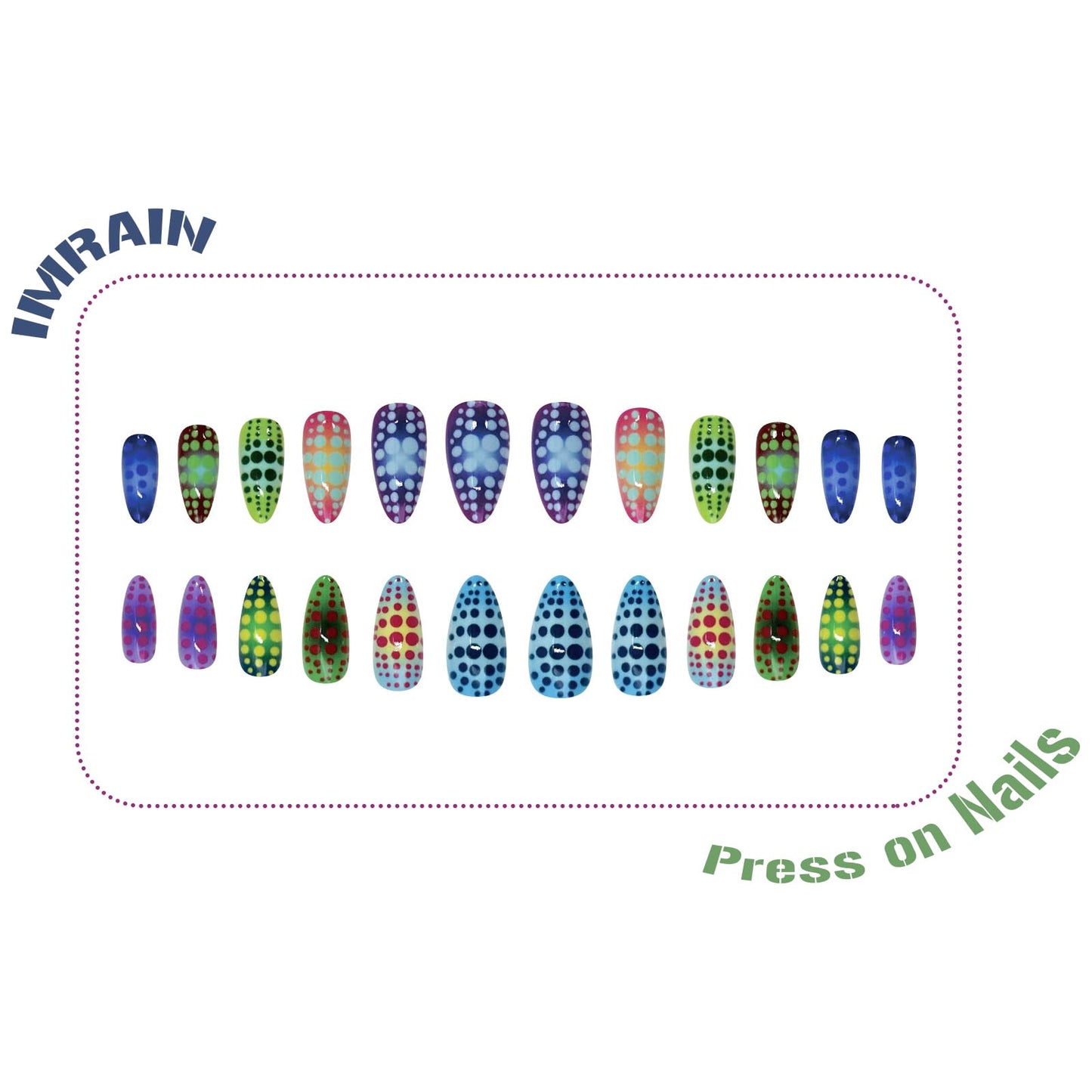 IMRAIN Medium Press on Nails Almond Fake Nails Colorful Ombre False Nails with Polka Dot Design Glossy Glue on Nails Full Cover Y2K Cute Artificial Acrylic Nail Supplies for Women