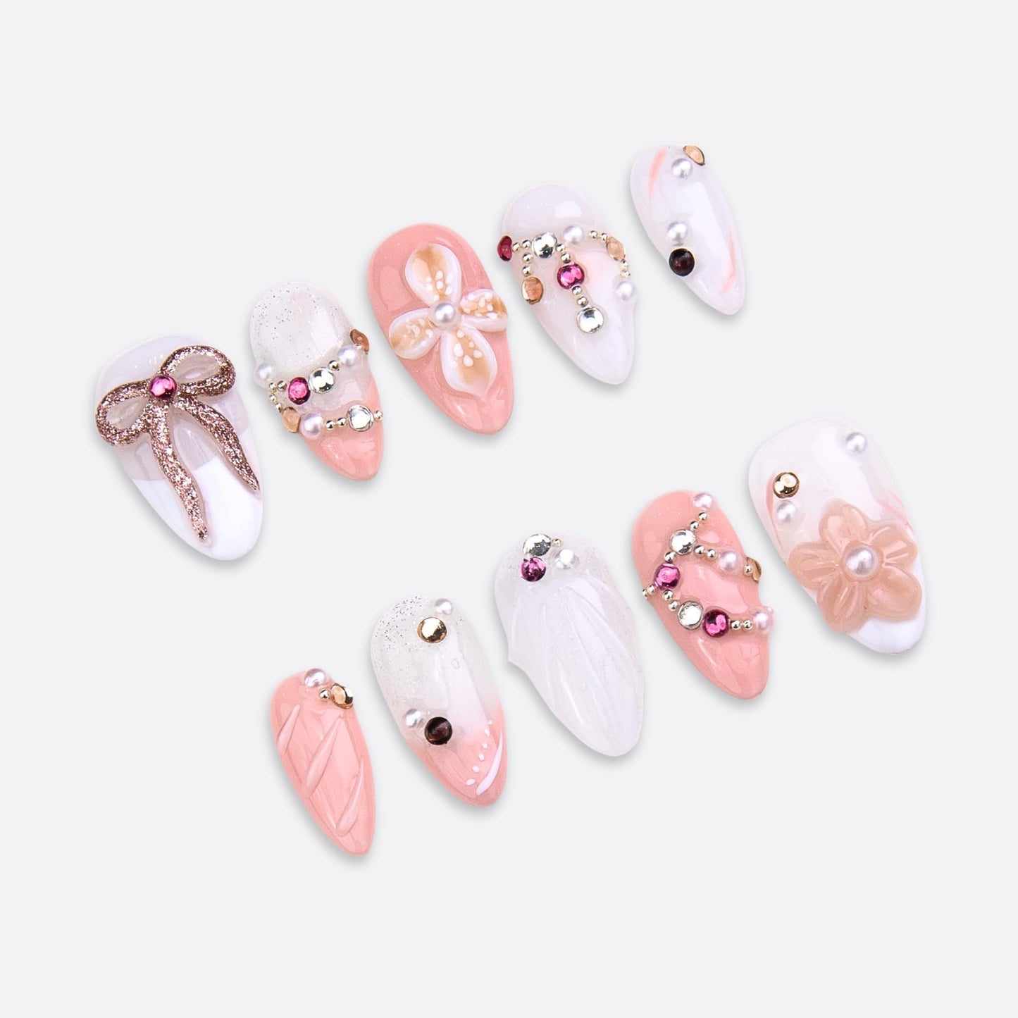 SIYOU Beauty | Luxy Bay | Pink and White Luxury Short Almond Press On Nails for Women (Medium) - Reusable, Salon-Quality Fake Nails (10pc)