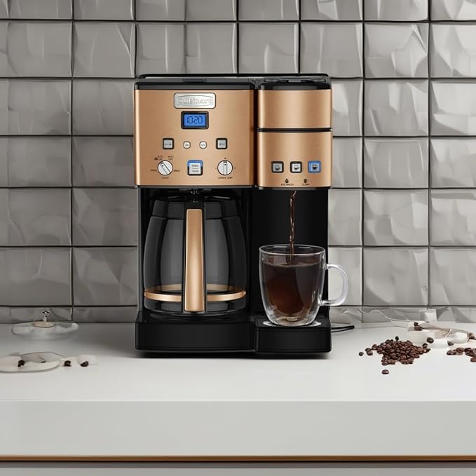 Cuisinart Single Serve + 12 Cup Coffee Maker, Offers 3-Sizes: 6-Ounces, 8-Ounces and 10-Ounces, Stainless Steel, SS-15CP, Copper