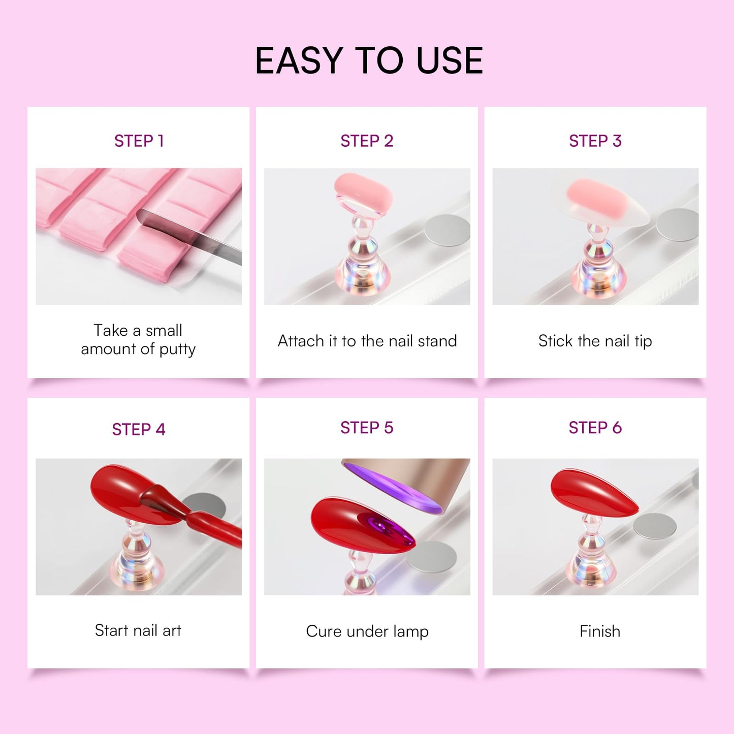 Makartt Holo Nail Stand for Press-On Nails DIY, Magnetic Holder, 1 Flower & 2 Long Bases, 10 Nail Stands for Gel Curing, Beginners Practice, Nail Tech & Creators Display Nails, Clear Pink, 48 Putty