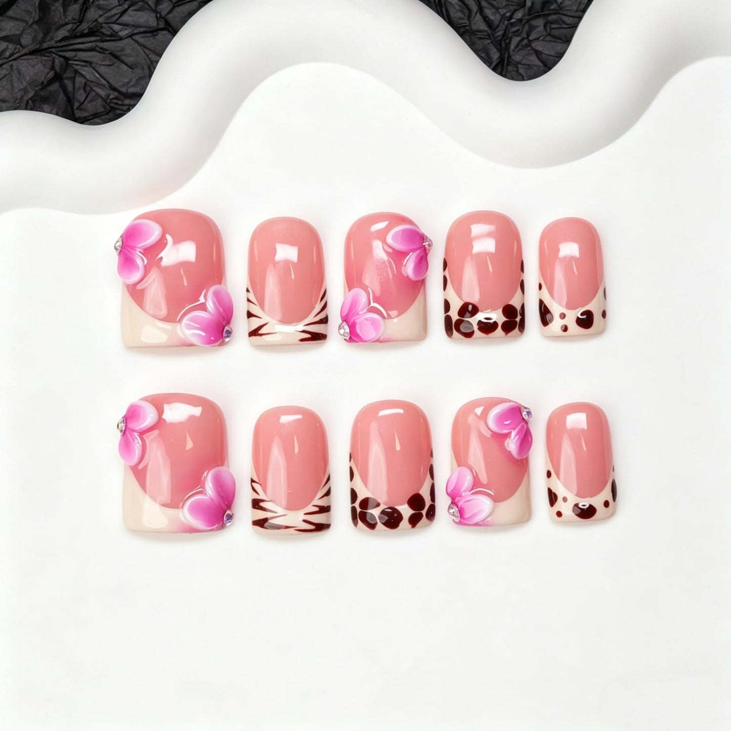 Luxury Handmade Press on Nails Pink White Gradient 3D Flower Fake Nails Stylish Short Square with Classic Leopard French Tip False Nail Thick Muti-Layer Gel Acrylic Stick on Nails for Women (M)