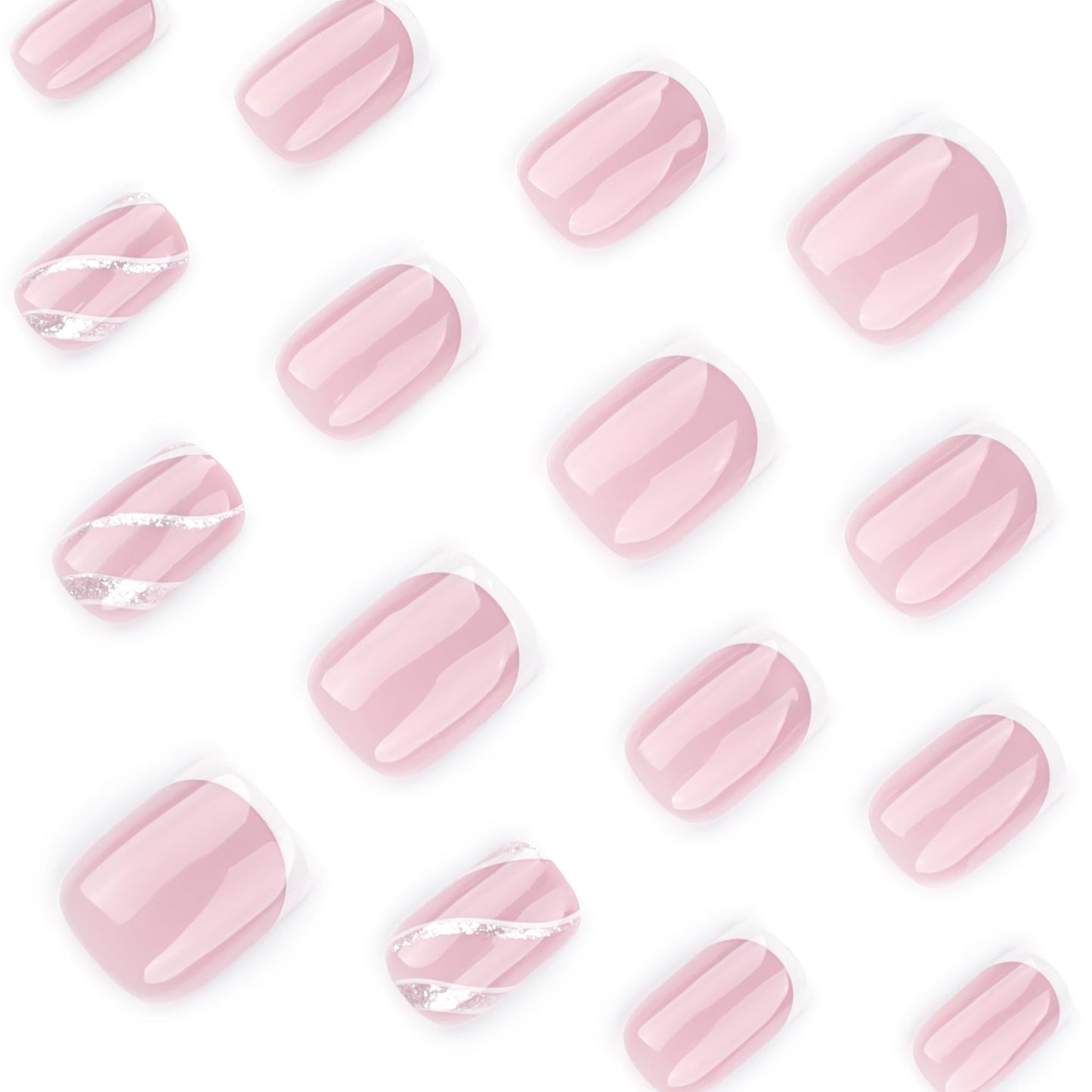 Stbisen French Press On Nails Short Square, Nude Fake Nails with White French Tips, Delicately Adorned with Silver Streaks, Glossy Gel Finish, Thick Natural Reusable Glue On Nails for Women, 24Pcs