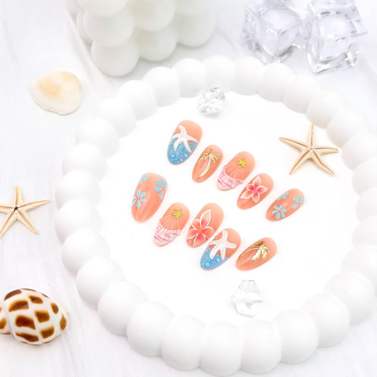 30Pcs Summer Press on Nails Medium Almond Fake Nails with Gilding Coconut Tree Design Blue Glitter French Tip False Nails Starfish Artificial Stick on Nails Full Cover Glue on Nail for Women Manicure