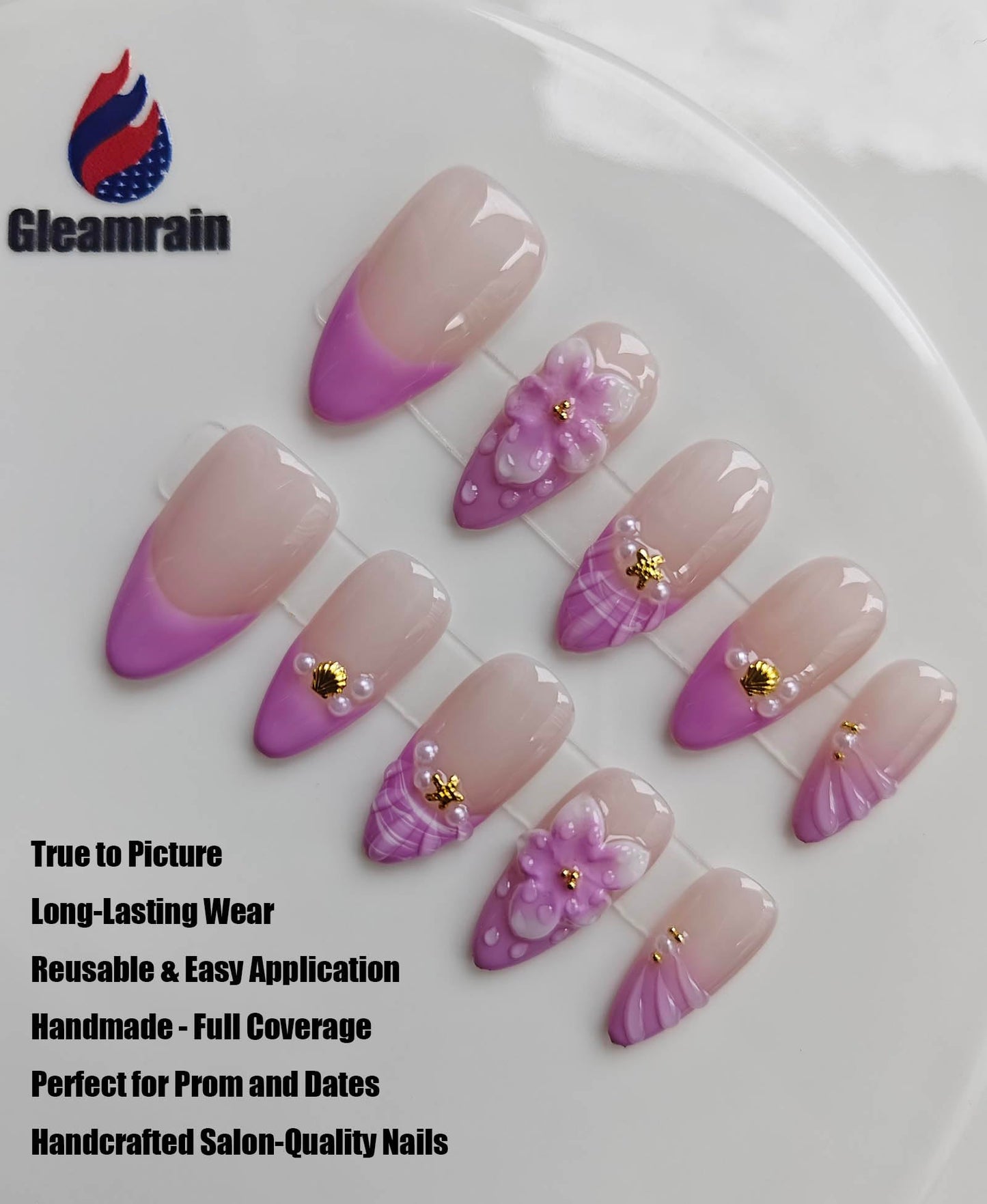 Gleamrain Purple French Tip Press on Nails Handmade Almond Medium Handcraft Press on Artificial Nails for Women, Floral Design Reusable for Daily Wear Party Birthday D301