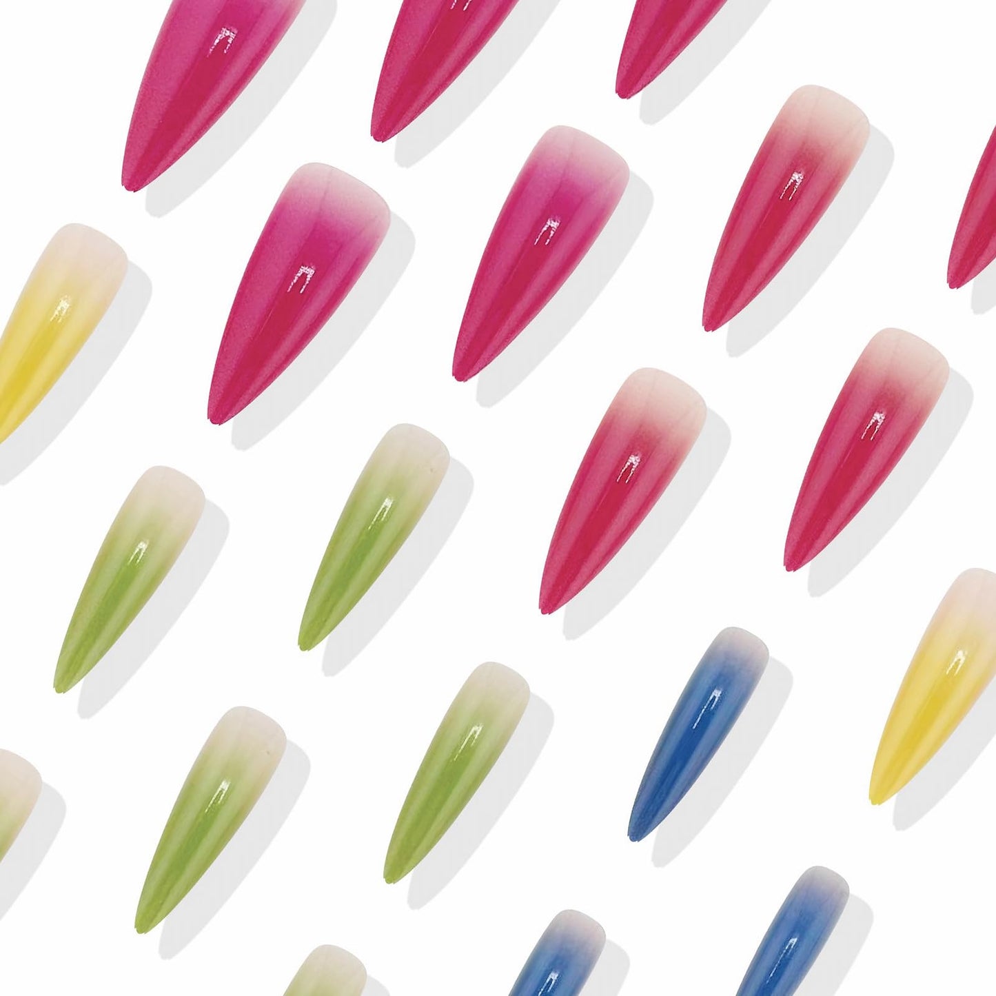 MISUD Press on Nails - Long Stiletto Glue on Nails with Summer Colorful, Acrylic Rainbow Design 24 pcs