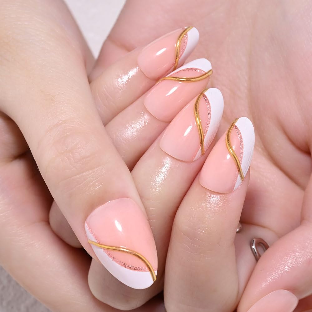 evpct French Tip Press On Nails Short Almond, Nude + Gold Pink Line & White Tips, Short Almond Fake False Press on Nails, Reusable Gel Stick on nail Press ons Nail Kit, Salon Quality