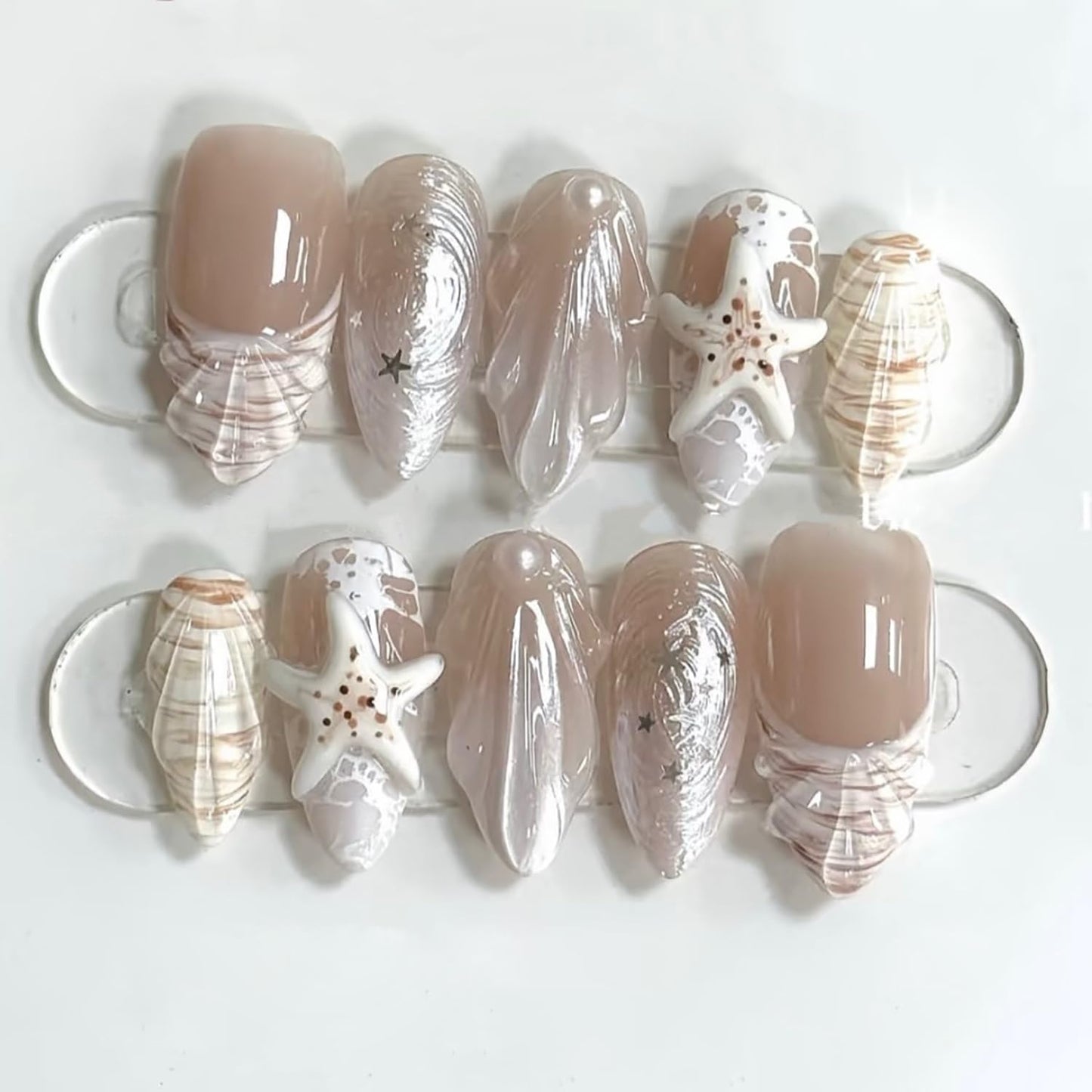 30Pcs Summer Press on Nails Medium Almond Fake Nails with 3D Starfish Water Ripple Designs Ocean Shell French Tip False Nails White Sea Wave Acrylic Nails Beach Vacation Stick on Nails for Women Girls