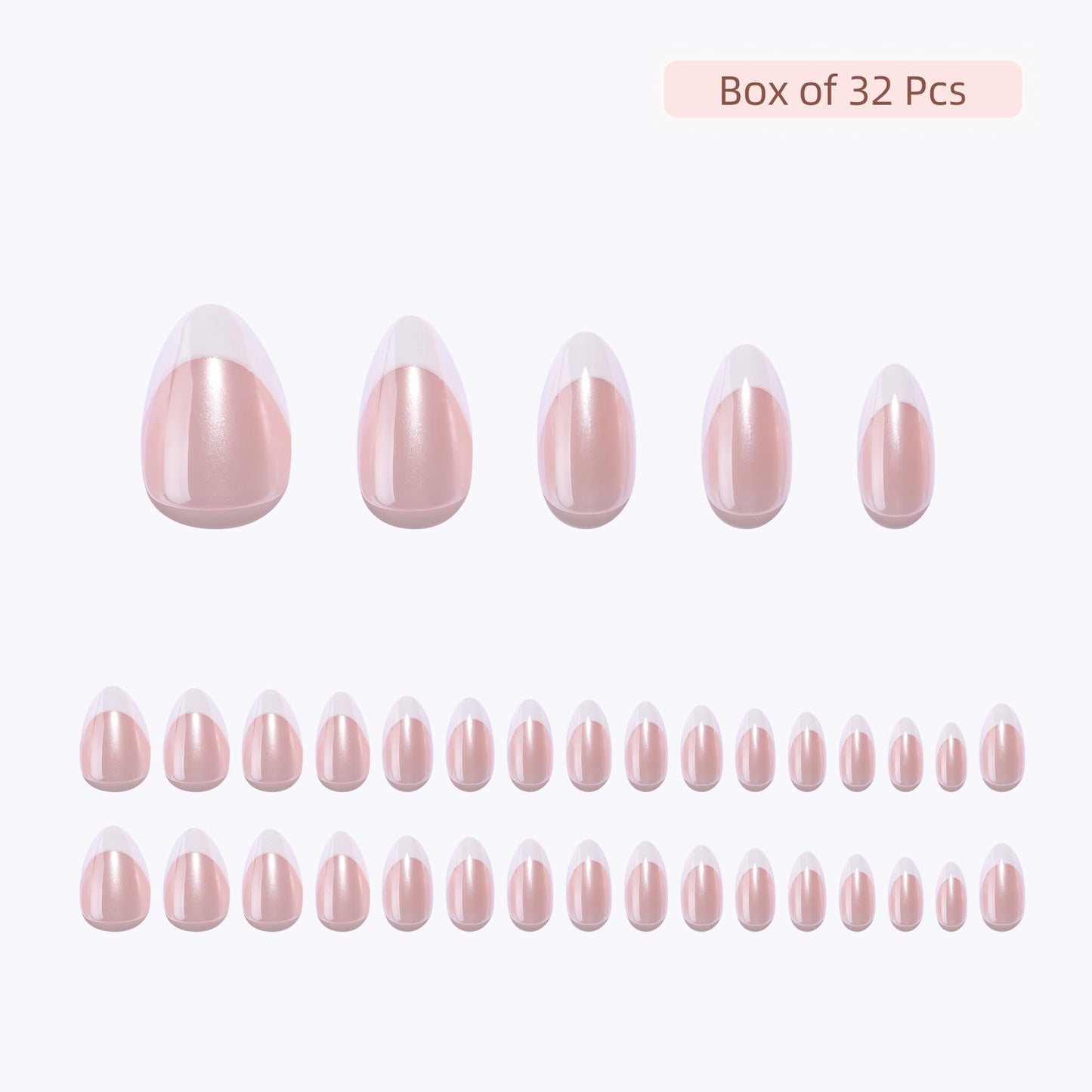 Short Square Press On Nails - Soft Gel Press on Nails Chrome Fake Nail Whit French Tip False Nails Fit Perfectly Reusable Glossy Glue On Nails in 16 Sizes, Stick on Nails for Women Girls 32Pcs