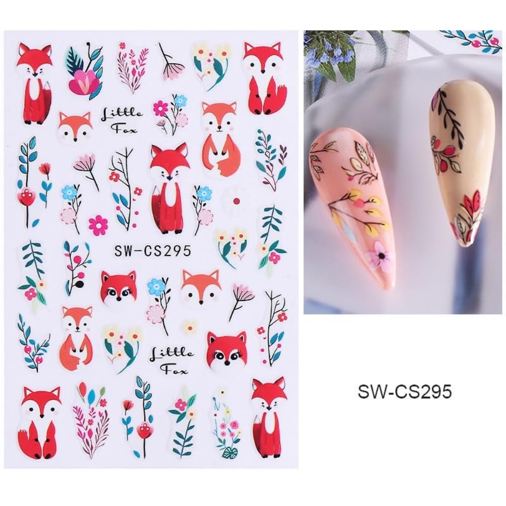 4 Sheets Cartoon Nail Stickers for Nail Art 3D Self-Adhesive Cute Pink Fox Nail Designs Colorful Flower Leaf Nail Decals Floral 5D Embossed Animal Cat Nails Supplies for Women Holiday DIY Manicure