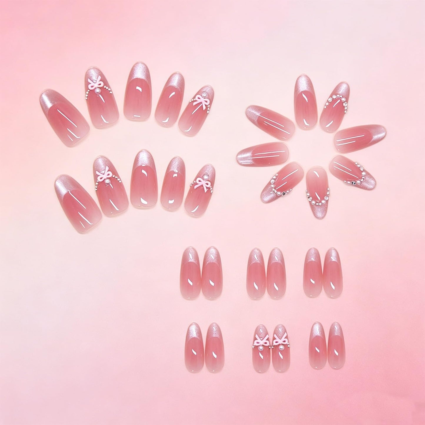 3D Bow Press on Nails Glossy White Glitter Fake Nail with Rhinestone Design Pearl Medium Almond False Nails French Tips Stick on Nail Pink Ombre Glue on Artificial Fingernails for Women Daily Wear