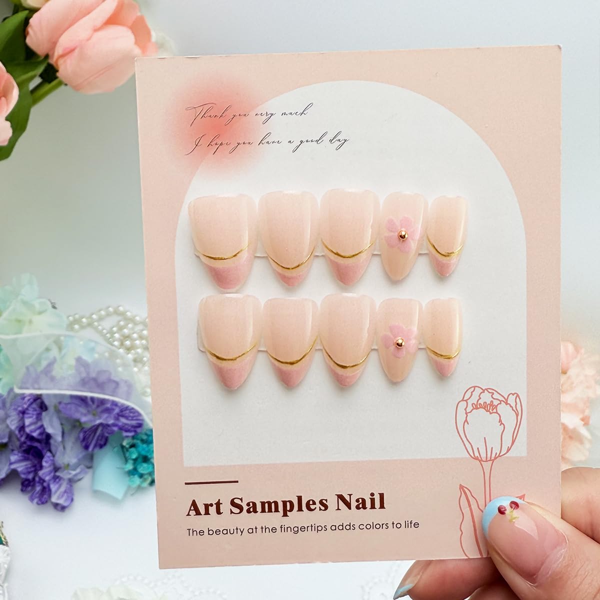 24Pcs Spring Floral Press On Nails Short Almond French Tip Fake Nails with Gold Line & 3D Flower Designs Nude Pink Full Cover False Nails Reusable Acrylic Stick On Nails for Women Manicure Decoration