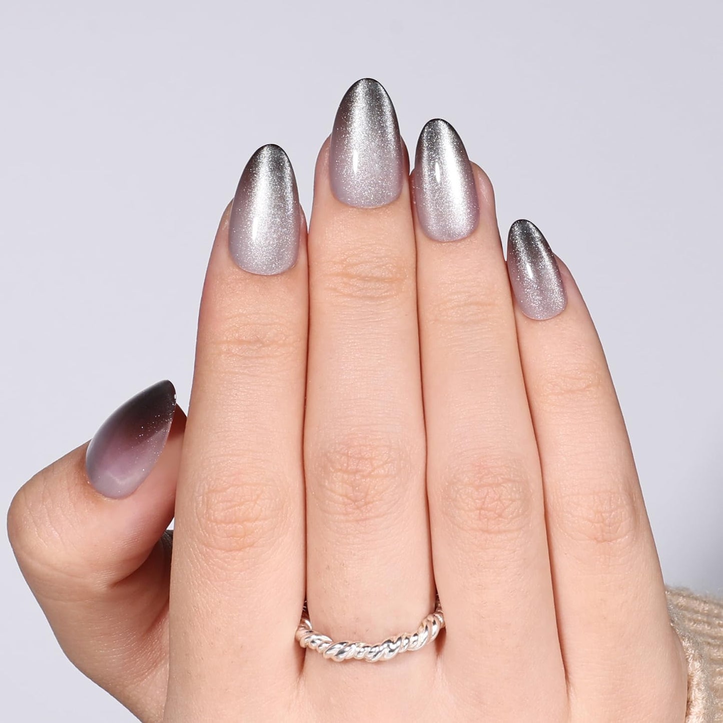 Black Cat Eye Press On Nails Almond - Ombre Black Short Almond Fake Nails, White Cateye Press On Nails Reusable Stick On Nails in 16 Sizes, 32pcs False Nail Kit for Women & Girls (Still Light)