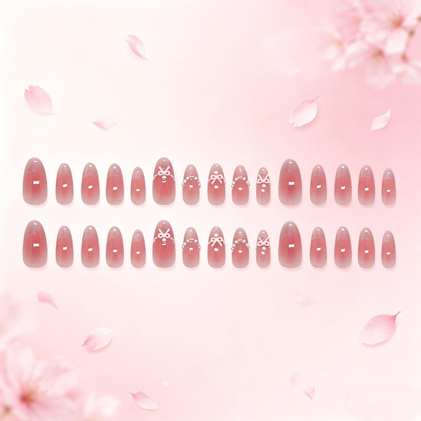 3D Bow Press on Nails Glossy White Glitter Fake Nail with Rhinestone Design Pearl Medium Almond False Nails French Tips Stick on Nail Pink Ombre Glue on Artificial Fingernails for Women Daily Wear