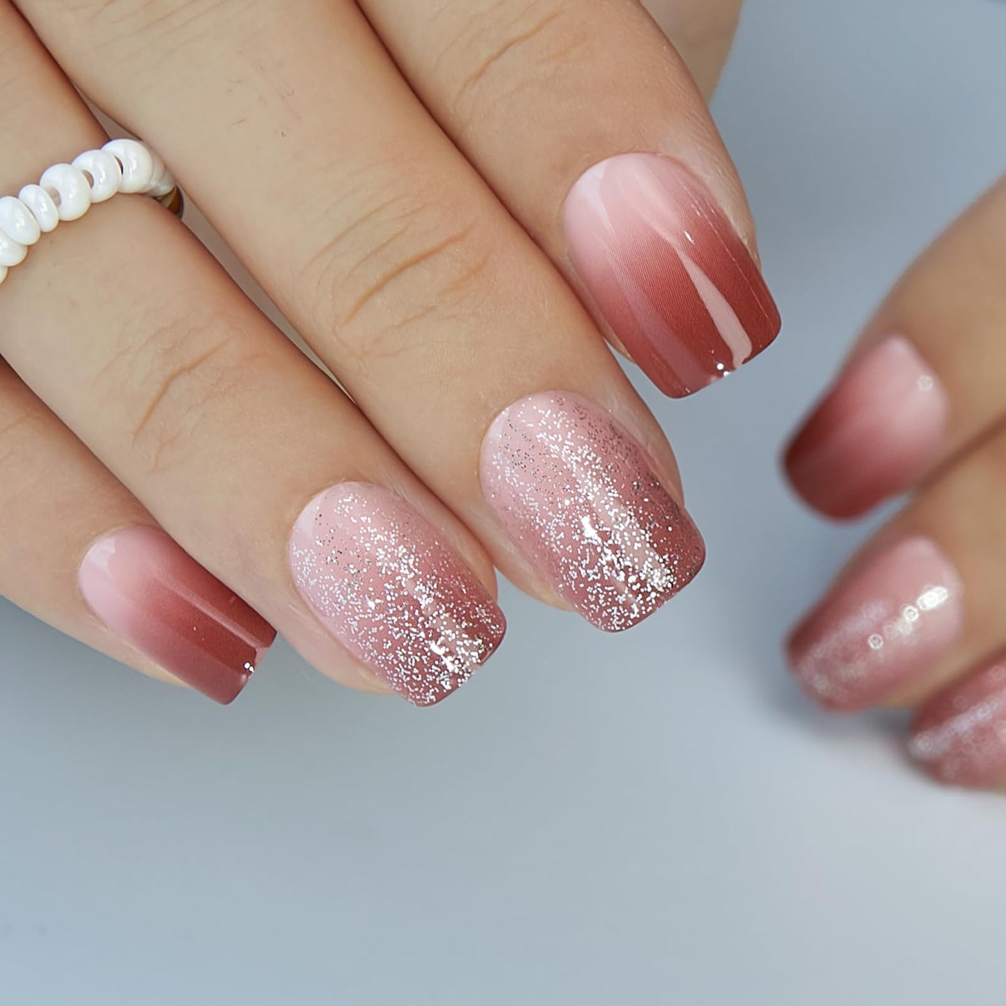Curvlife Soft Gel Press on Nails Acrylic Short Square Fake Nails with Design Full Cover False Nails for Women Reusable Nail Kit (Misty Pink, 30pcs)