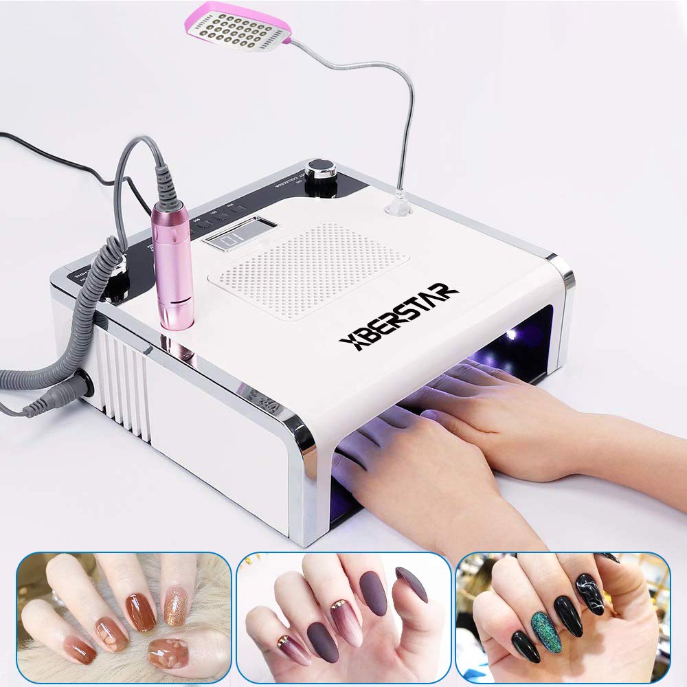 XBERSTAR Nail Dust Collector,54LED 108W 4‑in‑1 Electric Suction Dust Fan for Acrylic Gel Nails Kit Nail File Drill Professional Salon Nail Art Equipment Kit (White)