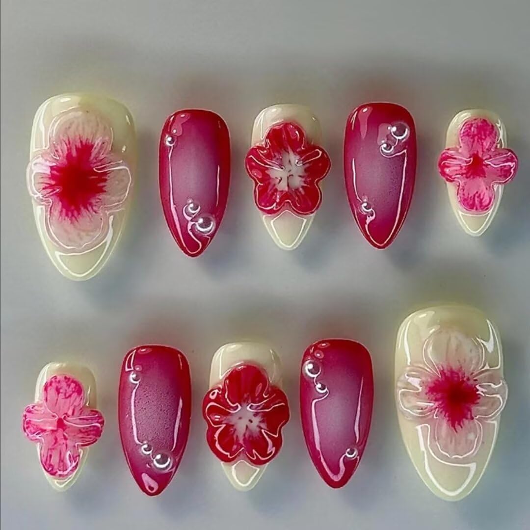 10PCS Handmade Nails Press On Nails Almond 3d fake nails short False Nails Women's Nails Kit acrylic cherry hand painted heart nails short,Small size