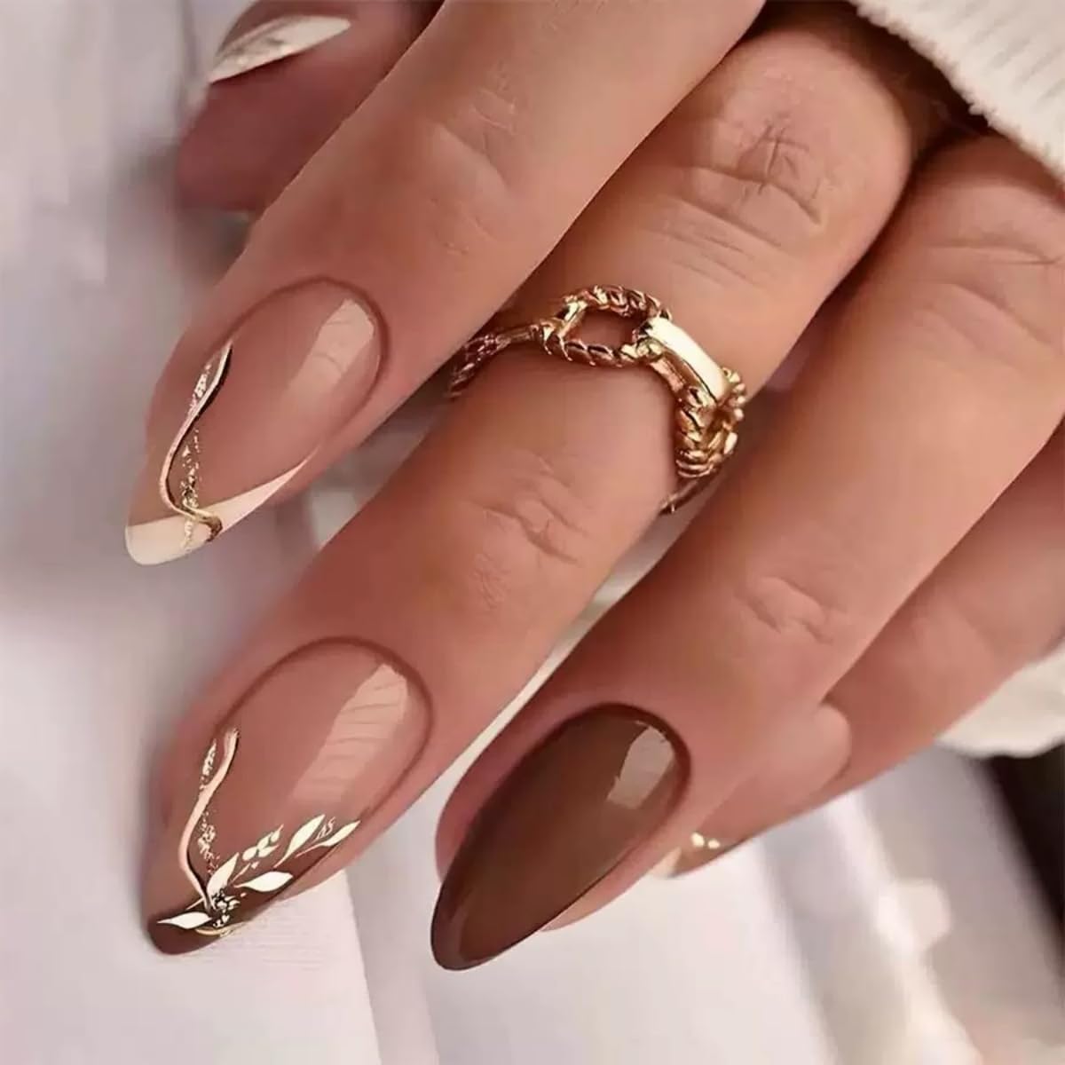 6 Packs (144 Pcs) Press on Nails Medium Almond Fake Nails Swirls False Nails with Designs Glitter Line Glue on Nails Full Cover Glossy Acrylic Stick on Nail for Women Manicure