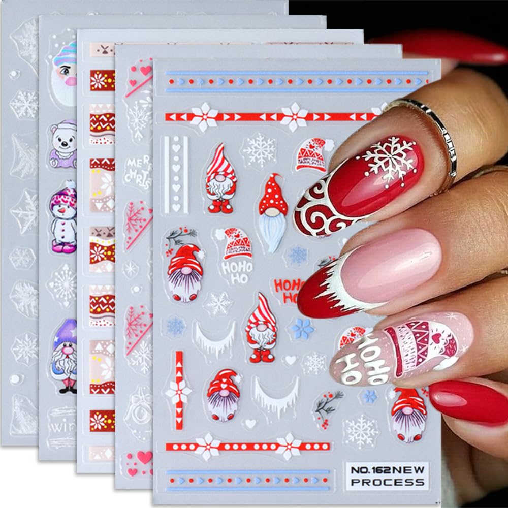 Christmas Nail Art Stickers, Snowflake Nail Decals 3D Self-Adhesive Snowflake Santa Claus Snowmen Winter Nail Design DIY Christmas Nail Decoration for Party(6Sheets)